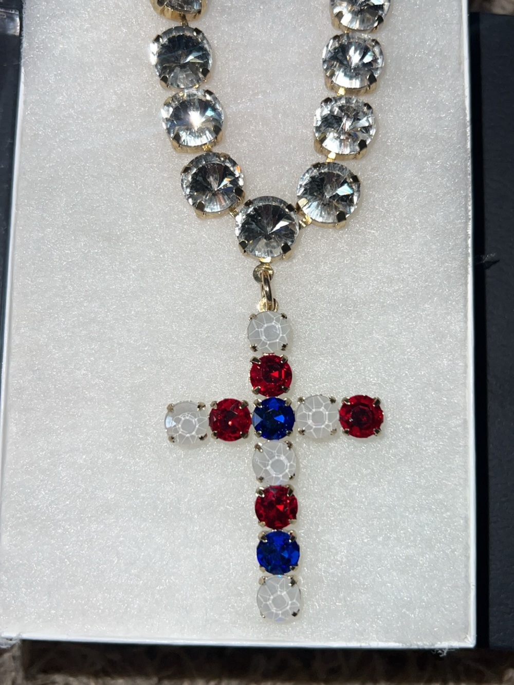 Sienna Gold-Tone Cross Pendant Necklace with Red, White & Blue Stones - Picture 2 of 4